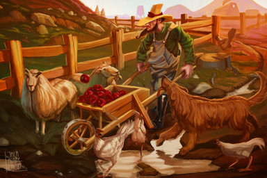 5_fingers ambiguous_feral ambiguous_gender apple avian_caruncle beak beard black_beak black_beard black_facial_hair black_hair black_nose blue_clothing blue_overalls brown_eyes brown_tail building button_(fastener) chimney closed_beak clothed clothed_human clothed_male clothing comb_(anatomy) day dewlap_(anatomy) facial_hair farmer feathered_wings feathers female female_feral fence feral fingers floppy_ears food fruit fully_clothed fully_clothed_human fully_clothed_male fur green_clothing green_shirt green_topwear grey_eyes group hair hat hat_over_eyes hay hay_in_mouth head_crest headgear headwear hill holding_wheelbarrow horizontal_pupils house larger_ambiguous larger_feral larger_human larger_male light lips looking_at_another lop_ears male male_human outside overalls partially_submerged path paws pink_lips plant pockets puddle pupils pushing_wheelbarrow quadruped red_tongue rock shirt size_difference sky smaller_ambiguous smaller_female smaller_feral smoke stump tail tail_feathers tan_body tan_skin text tongue tongue_out topwear water wattle wheat_in_mouth wheelbarrow white_body white_feathers white_fur white_sky white_tail white_wings wings wood wood_fence yellow_clothing yellow_hat yellow_headwear jack_kirby_crosby avian bird bovid canid canine canis caprine chicken domestic_dog galliform human mammal phasianid sheep 2013 3:2 absurd_res adobe_photoshop_(artwork) artist_name colored digital_media_(artwork) digital_painting_(artwork) english_description hi_res lighting painting_(artwork) shaded