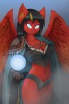 5_fingers anthro armor black_body black_fur black_hair blue_eyes clothed clothing feathers female fingers fur hair inner_ear_fluff looking_at_viewer navel orb red_body red_feathers red_fur skimpy solo tuft unconvincing_armor kitty_love equid equine mammal 2019 2:3 absurd_res hi_res portrait three-quarter_portrait