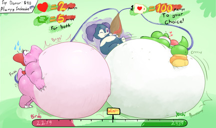 air_inflation bellows belly big_belly black_outline blush blush_lines bodily_fluids creaking donation_drive duo eyebrows fwoomp green_background green_body green_eyes heart_symbol hose hose_in_butt huge_belly hyper hyper_belly inflation jewelry motion_lines outline pink_body red_bow simple_background speech_bubble sweat white_body crestdraggy mario_bros nintendo pokemon birdo dinosaur generation_8_pokemon indeedee pokemon_(species) prehistoric_species reptile scalie yoshi 2023 absurd_res hi_res
