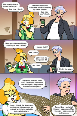 anthro bandage bandage_on_face bandage_on_nose beverage blush blush_stickers coffee coffee_cup container cup dialogue disgust duo eyelashes eyewear female glasses holding_coffee_cup holding_container holding_cup holding_object long_eyelashes male male/female open_mouth open_smile profanity smile speech_bubble text tongue tongue_out lovetopullmicke animal_crossing nintendo isabelle_(animal_crossing) villager_(animal_crossing) aquatic canid canine canis carpet_shark domestic_dog fish human mammal shark whale_shark 2:3 absurd_res comic english_text hi_res