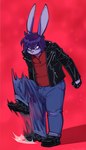 anthro boots bottomwear clothing cross-popping_vein denim denim_bottomwear denim_clothing fingerless_gloves footwear fur gloves hair half-closed_eyes handwear jacket jeans leather leather_clothing leather_jacket leather_topwear male narrowed_eyes pants purple_body purple_fur purple_hair red_background shoes simple_background solo thumping topwear naughtyjester arthur_(lapinbeau) lagomorph leporid mammal rabbit 2024 hi_res