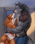 anthro biped black_body black_fur blep bulge butt duo fur grey_body grey_fur hug larger_anthro larger_male male male/male multicolored_body multicolored_fur muscular muscular_male orange_body orange_fur red_body red_eyes red_fur size_difference smaller_anthro smaller_male smile tongue tongue_out towel white_body white_fur zephyxus fenris_(zephyxus) canid canine canis fox mammal wolf 2022 digital_media_(artwork)