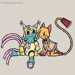 anthro duo eyes_closed female female/female heterochromia long_tail multi_tail multicolored_body object_in_tail papercraft pinata smile tail tail_motion tailwag type:gif deidad_dissitum blushcrunch_studio dandy's_world roblox scraps_(dandy's_world) yatta_(dandy's_world) toon_(dandy's_world) 1:1 animated animated_gif frame_by_frame short_playtime