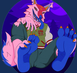 anthro blue_body blue_fur blue_lips blue_nose blue_tongue bottomwear claws clothing cloud denim denim_bottomwear denim_clothing detailed_background feet finger_claws foot_fetish foot_focus forest fur humanoid_feet jacket jeans letterman_jacket lips looking_at_viewer male moon night open_mouth outside pants pinata pink_body pink_fur plant plantigrade red_sclera ruff sitting sitting_on_ground soles solo tail teeth tongue tongue_out topwear tree yellow_claws yellow_eyes rosarydraws epic_games fortnite andy_fangerson alebrije animate_inanimate canid canine canis living_pinata mammal wolf 2025 alpha_channel hi_res
