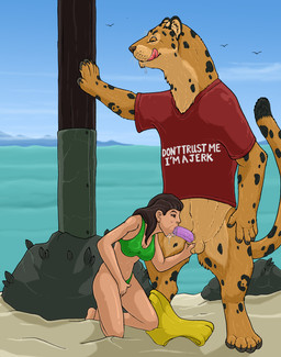 anthro anthro_penetrating anthro_penetrating_human ball_fondling balls beach bikini black_hair bodily_fluids brown_eyes clothed clothed_female clothed_human clothing cum cum_in_mouth cum_inside duo erection fellatio female female_human female_penetrated fondling fur genital_fluids genitals hair human_on_anthro human_penetrated interspecies licking licking_lips male male/female male_anthro male_penetrating male_penetrating_female markings nipple_outline oral oral_penetration partially_clothed partially_clothed_anthro partially_clothed_male penetration penile penile_penetration penile_spines penis penis_in_mouth retractable_claws sand sea semi-anthro sex spots spotted_body spotted_fur swimwear tail tan_body tan_fur text text_on_clothing tongue tongue_out two-piece_swimsuit underwear underwear_down water whiskers strega spots_(strega) ambient_bird felid human leopard mammal pantherine english_text hi_res