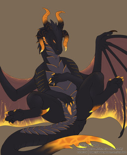 belly black_body black_scales female female_feral feral genitals grey_belly horn markings orange_horn orange_markings pose scales solo spreading spreading_self vulva icy-marth mythology dragon mythological_creature mythological_scalie scalie hi_res pinup
