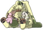 anthro beady_eyes brown_body brown_fur fluffy fur group horn hug long_ears male pawpads size_difference trio white_body white_fur yellow_body yellow_fur portugueselynx bandai_namco digimon angoramon canid canine canis digimon_(species) domestic_dog hunting_dog lagomorph leporid lopmon mammal rabbit terrier terriermon hi_res