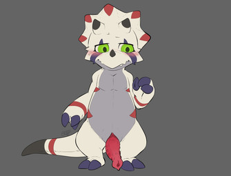 2_toes 3_fingers animal_genitalia animal_penis anthro belly black_belly blush chibi claws cute_fangs erection facial_horn fangs feet fingers genital_slit genitals green_eyes grey_background horn male nose_horn nude penis pink_blush semi-anthro simple_background slightly_chubby solo teeth toe_claws toes white_body benji_(artist) bandai_namco digimon ceratopsian digimon_(species) dinosaur gammamon ornithischian prehistoric_species reptile scalie hi_res