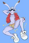 anthro biped blue_background bulge clothed clothing eyewear footwear fur goggles long_ears male nipples red_eyes shoes simple_background sneakers solo topwear vest white_body white_fur ream_n_cream summer_wars king_kazma lagomorph leporid mammal rabbit 2022 digital_drawing_(artwork) digital_media_(artwork) hi_res