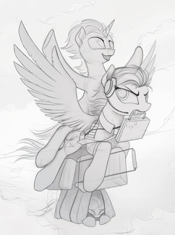 ambiguous_gender annoyed clothing cutie_mark duo_focus electronics feathered_wings feathers female feral flying group hair headphones hooves horn riding scared simple_background sitting smile sticker straddling suitcase white_background wings yakovlev-vad hasbro my_little_pony mythology fan_character equid equine mammal mythological_creature mythological_equine pegasus unicorn digital_drawing_(artwork) digital_media_(artwork) greyscale hi_res monochrome sketch