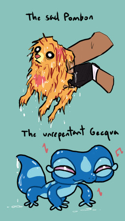 ambiguous_gender blue_body feet feral fur group humor orange_body orange_fur paws simple_background smile snout tail text toes toony trio water wet wet_body wet_fur slinkyarts nintendo pokemon pokemon_winds_and_waves gecqua generation_10_pokemon human mammal pokemon_(species) pombon reptile scalie 2026 comic digital_media_(artwork) english_text hi_res