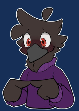 black_body black_feathers blush clothing feathers fingers_together male purple_clothing purple_sweater purple_topwear red_eyes sticker sweater topwear winged_arms wings ferrissimulator nokesh avian bird corvid corvus_(genus) crow oscine passerine tagme