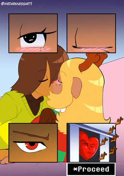 ambiguous_gender ambiguous_human anthro antlers being_watched blonde_hair blush blush_lines brown_antlers brown_body brown_fur brown_hair buckteeth cartoon_freckles clothed clothing detailed_background dialogue duo eyelashes eyes_closed female female/ambiguous female_anthro freckled_face freckles fur furniture hair hair_over_eye heart_symbol horn human_on_anthro inside interspecies kissing long_eyelashes looking_at_another red_eyes sitting snowgrave sofa speech_bubble talking_to_another teeth text yellow_body yellow_skin mrdarknessart1 deltarune jojo's_bizarre_adventure menacing_(meme) undertale_(series) kris_dreemurr noelle_holiday deer human mammal new_world_deer soul_(undertale) 2025 absurd_res artist_name comic digital_drawing_(artwork) digital_media_(artwork) english_text hi_res japanese_text meme