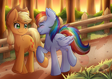 accessory blonde_hair blue_body blue_feathers blush clothing cowboy_hat cutie_mark detailed_background duo eyebrows eyelashes eyes_closed feathered_wings feathers female fence feral forest freckles fungus grass green_eyes hair hair_accessory hair_tie hat headgear headwear hooves multicolored_hair mushroom nude outside plant rainbow_hair raised_leg road shadow shrub smile sunset tree walking wings nana-yuka friendship_is_magic hasbro my_little_pony mythology applejack_(mlp) rainbow_dash_(mlp) earth_pony equid equine horse mammal mythological_creature mythological_equine pegasus pony 2018 absurd_res digital_media_(artwork) hi_res shaded watermark