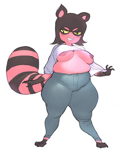 anthro areola barefoot black_body black_eyes black_fur black_hair bottomwear breasts clothing feet female front_view fur gloves_(marking) grey_bottomwear grey_clothing grey_pants hair leg_markings markings nipples overweight overweight_female pants pink_body pink_fur purple_areola purple_nipples sharp_teeth short_hair simple_background smile socks_(marking) solo striped_markings striped_tail stripes tail tail_markings teeth thick_thighs topwear white_background white_clothing white_topwear wide_hips foursnail candi_(vendant) mammal procyonid raccoon hi_res