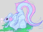 abdominal_bulge ambiguous_gender belly big_belly blue_body butt feral feral_pred nude simple_background solo tail vore soft_bugg_(artist) rain_world videocult rivulet_(rain_world) slugcat 4:3 hi_res