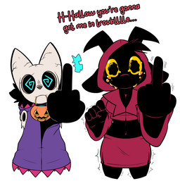 2_horns 5_fingers ambiguous_gender anthro bodily_fluids breasts candy_bucket cleavage clothed clothed_anthro clothed_female clothing crying dialogue duo female fingers furgonomic_headwear furgonomic_hood furgonomics gesture hand_gesture hood horn jack-o'-lantern looking_at_viewer middle_finger midriff shaking simple_background spiral spiral_eyes tears text white_background yellow_sclera jaybat11 hallow_(jaybat11) mallory_(jaybat11) bovid caprine ghost goat mammal spirit 2024 digital_drawing_(artwork) digital_media_(artwork) english_description english_text hi_res