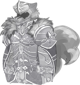 anthro armor cape chain clothing fur headgear helmet male mask simple_background solo standing tail white_background axy_usagi ambiguous_species 2022 monochrome
