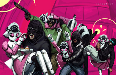 action_pose ambiguous_gender balaclava beard black_sclera carrying_another carrying_partner chaos clothing criminal cupcake dress escape eyewear facial_hair feeding_partner female food group gun handgun heart_eyes heart_symbol hoodie humor machine maid_cafe maid_headdress maid_uniform male male/female mask outside pastry pink_eyes pistol pose ranged_weapon rescue riding_on_back robbery shotgun sunglasses superman_pose topwear tracksuit uniform weapon zarzaliel android human humanoid mammal robot robot_humanoid hi_res