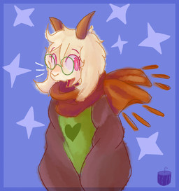 2_horns anthro black_sleeves clothed clothed_anthro clothing eyewear floppy_ears fully_clothed fully_clothed_anthro fur glasses green_clothing green_eyewear green_glasses green_topwear heart_clothing heart_symbol horn lop_ears male open_mouth pink_eyes scarf solo topwear white_body white_fur cosmic_logem deltarune undertale_(series) ralsei bovid caprine goat mammal half-length_portrait hi_res portrait