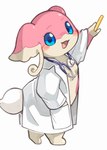 anthro blue_eyes breasts clothed clothing coat female fluffy fluffy_tail gown hand_in_pocket lab_coat looking_at_viewer medical_instrument multicolored_body open_mouth pink_body pockets scientific_instrument smile solo stethoscope tail topwear two_tone_body bigoyatsu nintendo pokemon audino generation_5_pokemon pokemon_(species) 2024 hi_res