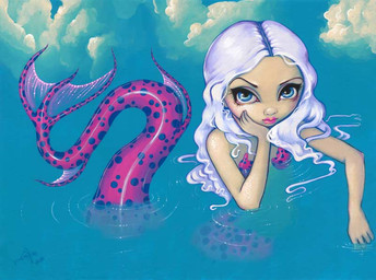 blue_eyes bra_(anatomy) breasts cloud female fin fish_tail hair lips long_hair looking_at_viewer markings mermaid_tail not_furry partially_submerged pink_lips pink_tail solo split_form spots spotted_markings spotted_tail tail tail_fin tail_markings wavy_hair white_hair jasmine_becket-griffith humanoid humanoid_merfolk mammal marine merfolk 2008 dated formal_art painting_(artwork) traditional_media_(artwork) traditional_painting_(artwork)