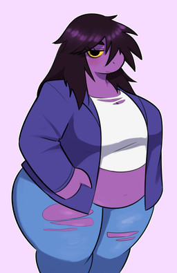 anthro belly big_breasts blue_bottomwear blue_clothing blue_pants blue_shirt blue_topwear blush bottomwear breasts cleavage clothed clothed_anthro clothed_female clothing eyebrows eyelashes eyelashes_through_hair female female_anthro front_view hair hand_in_pocket looking_at_viewer midriff mouth_closed navel non-mammal_breasts non-mammal_navel overweight overweight_anthro overweight_female pants pockets purple_body purple_skin shirt simple_background solo thick_thighs topwear torn_bottomwear torn_clothing torn_pants torn_shirt torn_topwear translucent translucent_hair white_clothing white_shirt white_topwear yellow_sclera samirachuni deltarune undertale_(series) susie_(deltarune) monster reptile scalie 2025 absurd_res digital_drawing_(artwork) digital_media_(artwork) hi_res portrait three-quarter_portrait