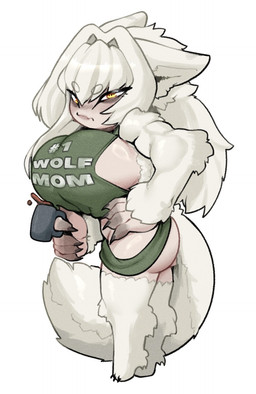barefoot beverage big_breasts big_butt breasts butt chibi clothed clothed_female clothed_humanoid clothing coffee coffee_mug container cup dress feet female fluffy fluffy_tail fur green_clothing green_dress hair huge_breasts long_hair looking_at_viewer mature_female mature_humanoid mug solo standing tail text text_on_clothing white_body white_fur white_hair yellow_eyes thevarking taran_ulfmodir animal_humanoid canid canid_humanoid canine canine_humanoid humanoid mammal mammal_humanoid wolf_humanoid 2026 hi_res
