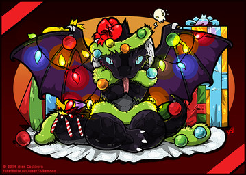 ambiguous_gender anthro black_body blue_eyes chibi christmas_decorations christmas_lights christmas_ornament christmas_present curved_horn dragon_tail dragon_wings facial_spikes gift glowing glowing_eyes grey_body holidays horn looking_at_viewer membrane_(anatomy) membranous_wings sitting solo spikes spikes_(anatomy) tail tongue tongue_out wings o-kemono christmas mythology zeriah_(bahumot) dragon mythological_creature mythological_scalie scalie 2014 digital_drawing_(artwork) digital_media_(artwork)