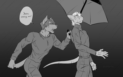 anthro bottomwear clothed clothing duo hair male male_anthro mouth_closed pants raining shirt side_view speech_bubble text topwear umbrella wet wet_body wet_hair cobu canid canine felid mammal english_text monochrome