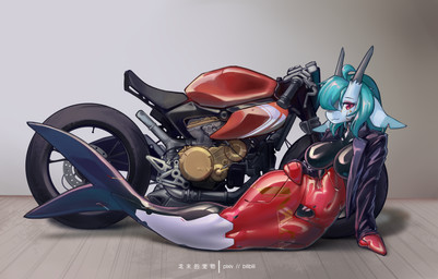 anthro big_breasts bodysuit breasts clothed clothing engine exhaust exhaust_pipe female form_fitting fur hair horn latex latex_bodysuit latex_clothing latex_mermaid latex_skinsuit looking_at_viewer mermaid_suit mermaid_tail motorcycle navel navel_outline simple_background skinsuit smile solo split_form tail tight_clothing tire vehicle wide_hips shanher mythology shanher_(character) aquatic dragon merfolk mythological_creature mythological_scalie scalie absurd_res hi_res