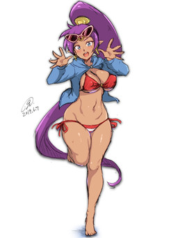 barefoot big_breasts bikini blue_eyes blush breasts cleavage clothed clothing crown eyewear eyewear_on_head feet female front_view gesture hair hand_gesture headgear humanoid_pointy_ears long_hair looking_at_viewer midriff navel nipple_outline not_furry on_one_leg open_mouth open_smile pointy_ears ponytail purple_hair shrug_(clothing) side-tie_bikini simple_background smile smiling_at_viewer solo standing string_bikini sunglasses sunglasses_on_head swimwear tan_body tan_skin thick_thighs tiara two-piece_swimsuit under_boob wearing_sunglasses white_background wide_hips 9rimson shantae_(series) wayforward shantae genie humanoid mammal 2019 dated full-length_portrait hi_res portrait signature