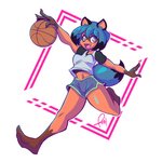 anthro ball barefoot basketball_(ball) black_body black_fur black_hair blue_body blue_eyes blue_fur blue_hair bottomwear breasts brown_body brown_fur clothed clothing cute_fangs dolphin_shorts fangs feet female fluffy fluffy_tail fur hair happy jacket looking_at_viewer multicolored_body multicolored_fur multicolored_hair navel open_mouth shorts soles solo tail teeth toes topwear pizzacat brand_new_animal studio_trigger michiru_kagemori canid canine mammal raccoon_dog tanuki 1:1 hi_res