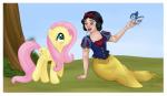 clothing cutie_mark dress duo feathered_wings feathers female feral fur hair long_hair pink_hair wings yellow_body yellow_fur luciekj disney friendship_is_magic hasbro my_little_pony mythology snow_white_and_the_seven_dwarfs fluttershy_(mlp) snow_white avian bird bluebird equid equine horse human mammal mythological_creature mythological_equine oscine passerine pegasus pony thrush_(bird) 2014 crossover