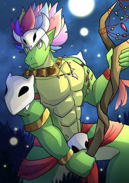 abs anthro bone_mask bottomwear clothing gold_(metal) gold_jewelry green_body jewelry loincloth male mask muscular muscular_male pecs solo dragokaizer666 terraria witch_doctor_(terraria) lizard reptile scalie absurd_res hi_res