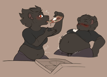 anthro belly belly_rub big_belly black_body black_fur black_hair bloated blush blush_lines bodily_fluids bottomwear clothed clothing eating eating_food eyes_closed female food fur hair messy_hair navel notched_ear open_bottomwear open_clothing open_pants overweight pants pizza red_eyes round_ears rumbling_stomach shirt shocked sigh sitting solo sound_effects sweat text topwear wide_eyed carameltsi rivals_of_aether clairen_(rivals_of_aether) felid feline leopard mammal pantherine hi_res