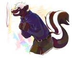 5_fingers abstract_background anthro belt black_body black_fur bottomwear brown_eyes clothed clothing dress_shirt fingers fully_clothed fur hair male mirror pants pink_nose shirt short_hair side_view smile solo tail topwear white_body white_fur white_hair super-tuler mammal mephitid skunk striped_skunk 5:4 colored_sketch sketch