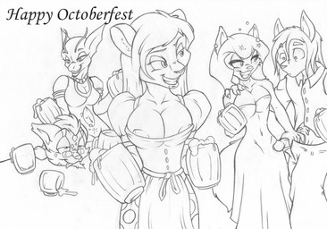 alcohol anthro bar beer beverage breasts cleavage clothed clothing dress drunk erection female food genitals group holidays humanoid_genitalia humanoid_penis male nipple_slip nipples penis penis_grab substance_intoxication waiter leopold_visette canid canine domestic_cat felid feline felis fox leopardus lizard mammal ocelot reptile scalie monochrome