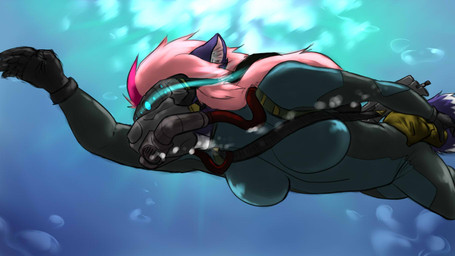 anthro breasts bubble clothing diving eyewear female fur gloves goggles hair handwear navy pink_hair scuba solo tight_clothing underwater water wetsuit granatloncat canid mammal marine colored digital_media_(artwork) widescreen