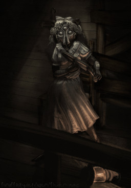 3_eyes anthro building dim_lighting farmhouse female forked_tongue gun holding_object holding_weapon house lamp lantern multi_eye ranged_weapon shotgun solo split_jaw standing tongue weapon schiavonesca alien bat flying_fox interdimensional_entity mammal megabat hi_res