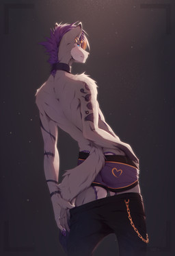 5_fingers anthro athletic biped black_bottomwear black_clothing black_pants black_underwear blonde_hair blue_eyes bottomwear bottomwear_down butt chain claws clothed clothed_anthro clothed_male clothing collar ear_piercing fingers fur grey_body grey_fur hair heart_symbol jewelry looking_at_viewer looking_back looking_back_at_viewer male male_anthro markings multicolored_body pants pants_down partially_clothed piercing pose purple_clothing purple_hair purple_underwear rear_view simple_background smile solo standing tail tattoo topless topless_anthro topless_male underwear underwear_only undressing white_body sadih canid canine canis mammal wolf digital_media_(artwork) hi_res portrait three-quarter_portrait