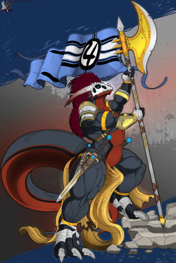4_fingers abs anthro armor athletic axe beckoning biceps big_feet big_horn big_muscles big_tail black_body black_skin blue_eyes bone bottomwear bracelet broad_shoulders bulge claws clothed clothing dagger feathers feet fingers flag flag_(object) gesture glowing glowing_eyes greataxe hair halberd harness headgear helmet holding_axe holding_flag holding_object holding_weapon horn huge_tail jewelry loincloth long_hair long_tail looking_at_viewer male manly markings melee_weapon mostly_nude muscular muscular_anthro muscular_male muscular_thighs navel nude partially_clothed pecs polearm pose quads raised_arm red_body red_feathers red_skin scales side_view simple_background skull solo standing straps sword tail teeth text thick_tail thick_thighs topless triceps underwear warrior weapon wide_hips clerian mythology zorkan dragon kobold mythological_creature mythological_scalie scalie 2019 absurd_res alpha_channel digital_media_(artwork) hi_res url