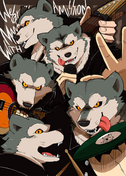amber_eyes anthro clothed clothing drum drumstick_(musical) electric_guitar electronics fur grey_body grey_fur group guitar hair looking_at_viewer male microphone musical_instrument percussion_instrument plucked_string_instrument sharp_teeth string_instrument teeth tongue tongue_out whiskers white_body white_fur shirokumaou man_with_a_mission dj_santa_monica jean-ken_johnny kamikaze_boy spear_rib tokyo_tanaka canid canine canis mammal wolf