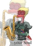 anthro armor blonde_hair blowup_background eyes_closed female hair humor musical_instrument red_body saxophone simple_background solo tenor_saxophone text wind_instrument woodwind_instrument thedarkzircon amphibia_(series) disney jazz_for_your_soul general_yunan amphibian newt salamander 2021 english_text hi_res meme