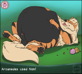 animal_genitalia balls belly big_belly black_body black_border black_fur bloated border feral food fur gameplay_mechanics genitals huge_belly lying male obese on_back orange_body orange_fur overeating overweight overweight_male penis sheath solo tan_body tan_fur text tongue tongue_out user_interface ramzi nintendo pokemon arcanine canid canine generation_1_pokemon mammal pokemon_(species)