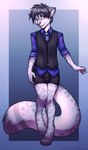 anthro big_tail biped black_bottomwear black_clothing black_shorts border bottomwear bulge clothed clothing collared_shirt dipstick_tail femboy fur grey_body grey_ears grey_fur grey_hair grey_nose grey_tail grin hair looking_at_viewer male markings monotone_hair multicolored_body multicolored_fur necktie one_leg_up orange_eyes raised_leg ring_(marking) rolled_up_sleeves shirt shorts simple_background smile solo spots spotted_body spotted_fur spotted_markings tail tail_markings teeth topwear two_tone_body two_tone_fur two_tone_tail vest white_body white_fur white_tail lockworkorange novus felid feline mammal 2014 digital_media_(artwork) shaded watermark