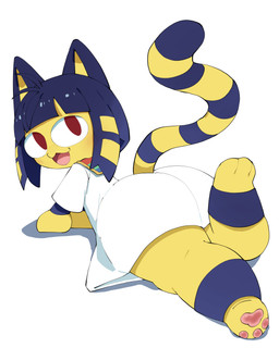 3_toes :3 ahoge anthro barefoot big_butt biped blue_body blue_ears blue_fur blue_hair blue_tail blush blush_lines butt clothed clothing dress featureless_hands feet female female_anthro fully_clothed fur hair hindpaw kemono looking_at_viewer looking_back looking_back_at_viewer lying markings multicolored_body multicolored_fur multicolored_hair multicolored_tail on_front open_:3 open_mouth open_smile pawpads paws pink_pawpads pose raised_foot red_eyes ring_(marking) ringed_tail simple_background smile solo striped_markings striped_tail stripes tail tail_markings toes two_tone_body two_tone_fur two_tone_hair two_tone_tail white_background white_clothing white_dress yellow_body yellow_fur yellow_inner_ear yellow_tail abyss_creature_(artist) animal_crossing nintendo tsukihime type-moon ankha_(animal_crossing) neco-arc domestic_cat felid feline felis mammal 2025 4:5 absurd_res colored crossover digital_media_(artwork) full-length_portrait hi_res korean_description pinup portrait shaded simple_shading