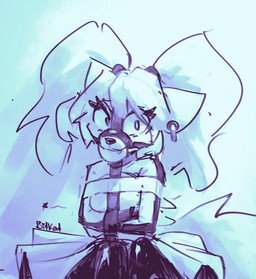anthro ball_gag blush bottomwear clothing ear_piercing ear_ring female gag gagged piercing pigtails restraints ring_piercing skirt solo straitjacket bitkat domestic_cat felid feline felis mammal monochrome