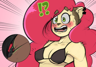 anthro bodily_fluids bra breasts clothing duo ear_piercing extreme_size_difference female green_eyes hair interrobang larger_female male male/female micro nipples piercing red_hair size_difference smaller_male surprised sweat under_boob underwear kane-ablaze td_(character) wendy_(td) alien domestic_cat felid feline felis humanoid mammal 2020 digital_media_(artwork) hi_res shaded