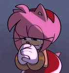 accessory anthro bodily_fluids bracelet clothing crying dress female gloves green_eyes grey_background hair handwear headband jewelry pink_body pink_hair praying red_clothing red_dress simple_background solo tears white_clothing white_gloves white_handwear fiinel sega sonic_the_hedgehog_(series) amy_rose eulipotyphlan hedgehog mammal